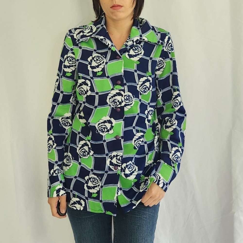 70s Blue and Green Groovy Rose Print Dagger Collar Shirt